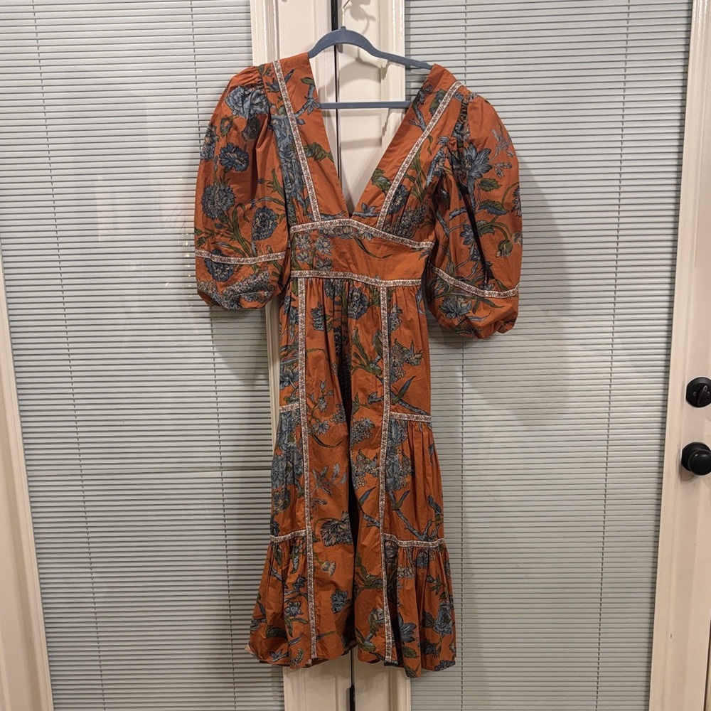 Rust Floral Midi Dress with Puff Sleeves and Deep V-Neck